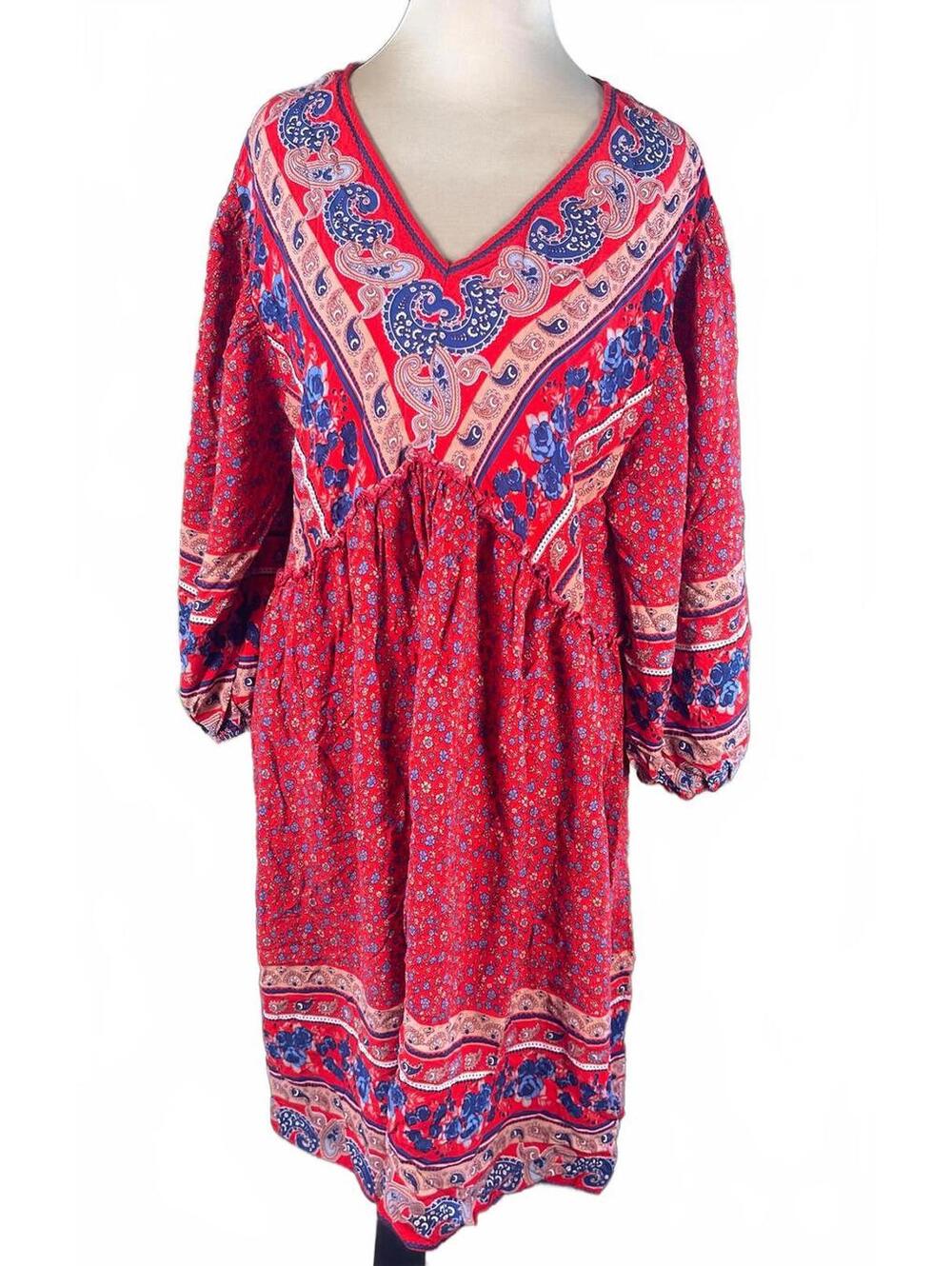BTFBM XL Red Floral Bohemian Dress with V-Neck and Long Sleeves